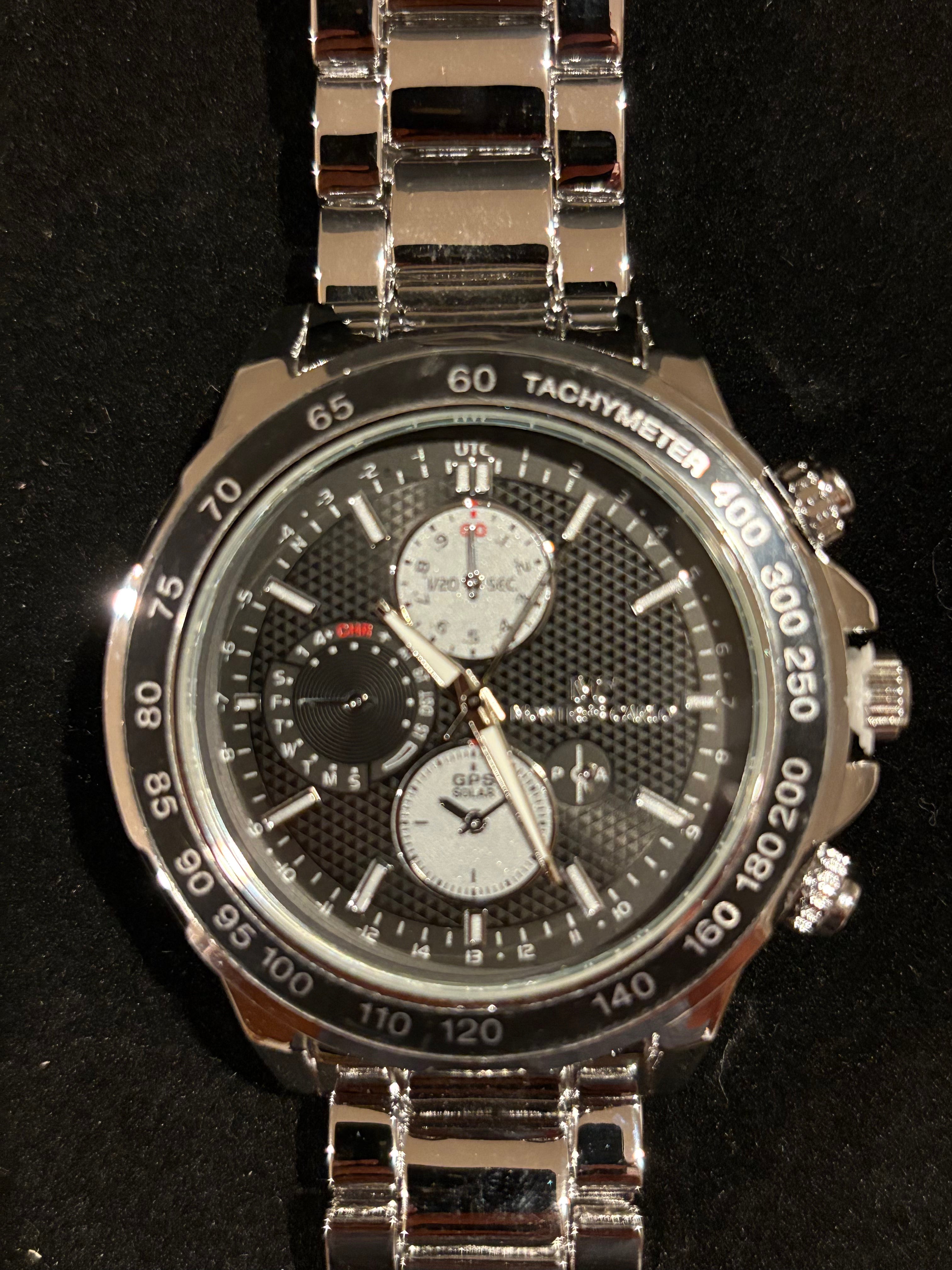 Steel Elegance: Men’s Montres Carlo Silver-Tone Tachymeter Watch (50mm)