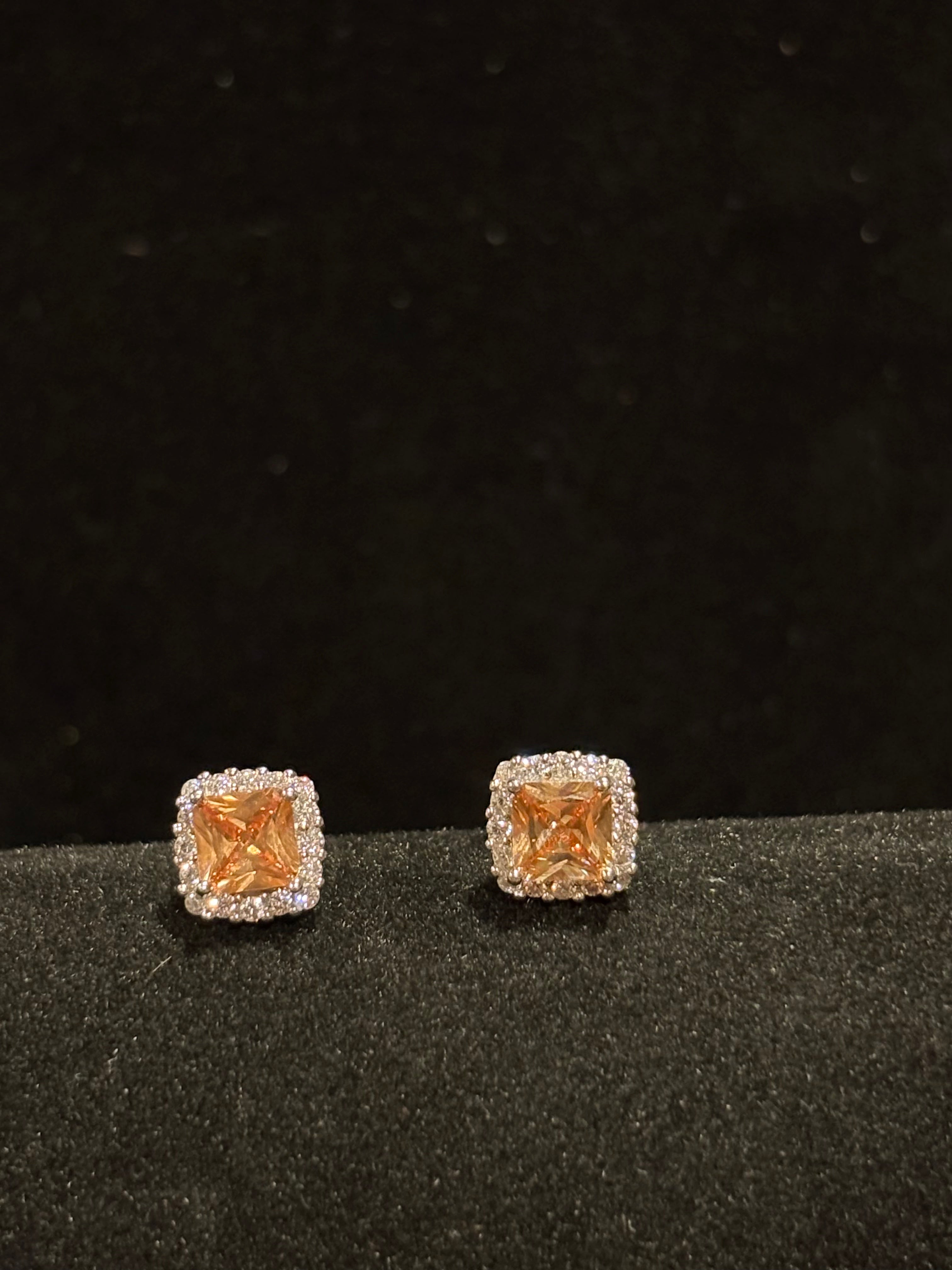 Golden Citrine Princess-Cut Halo Studs Earrings