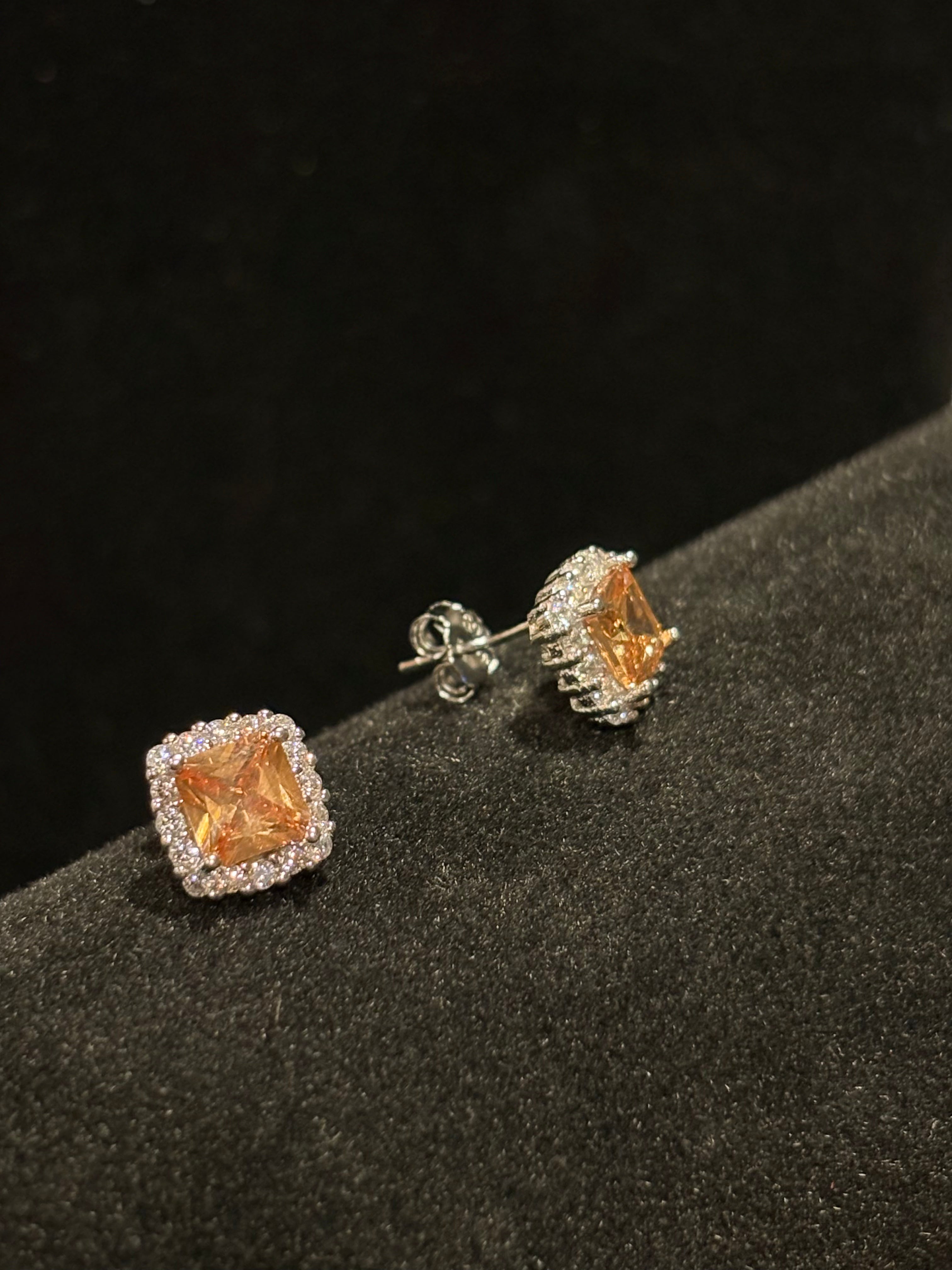 Golden Citrine Princess-Cut Halo Studs Earrings