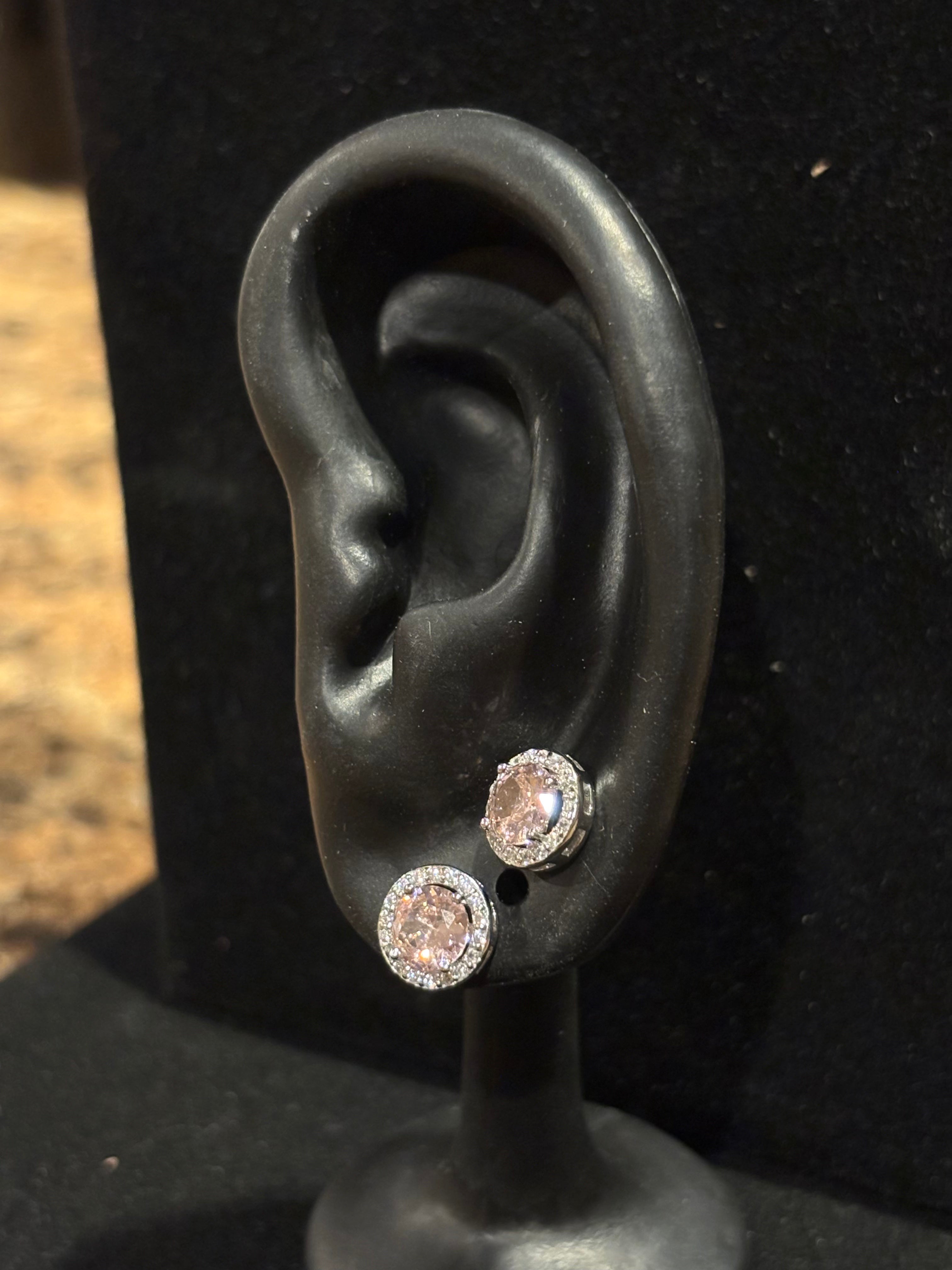 Blush Pink Halo Stud Earrings in Sterling Silver