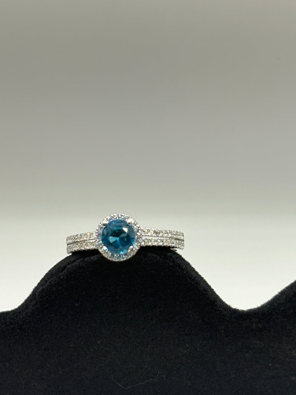 Ocean Blue Round Cut Halo Ring with Double Pavé Band, Size 7