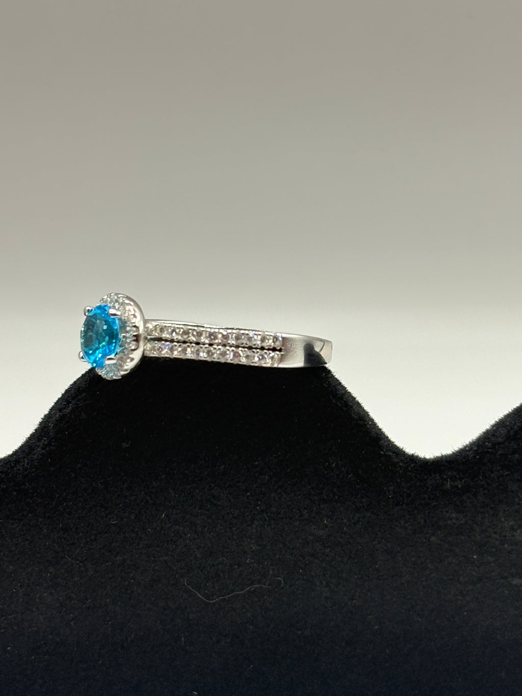 Ocean Blue Round Cut Halo Ring with Double Pavé Band, Size 7