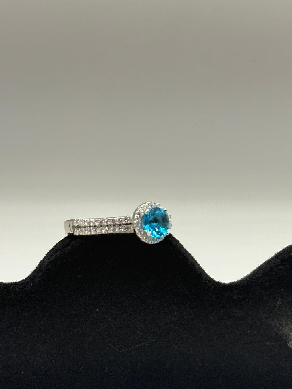 Ocean Blue Round Cut Halo Ring with Double Pavé Band, Size 7