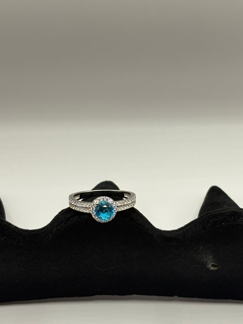 Ocean Blue Round Cut Halo Ring with Double Pavé Band, Size 7