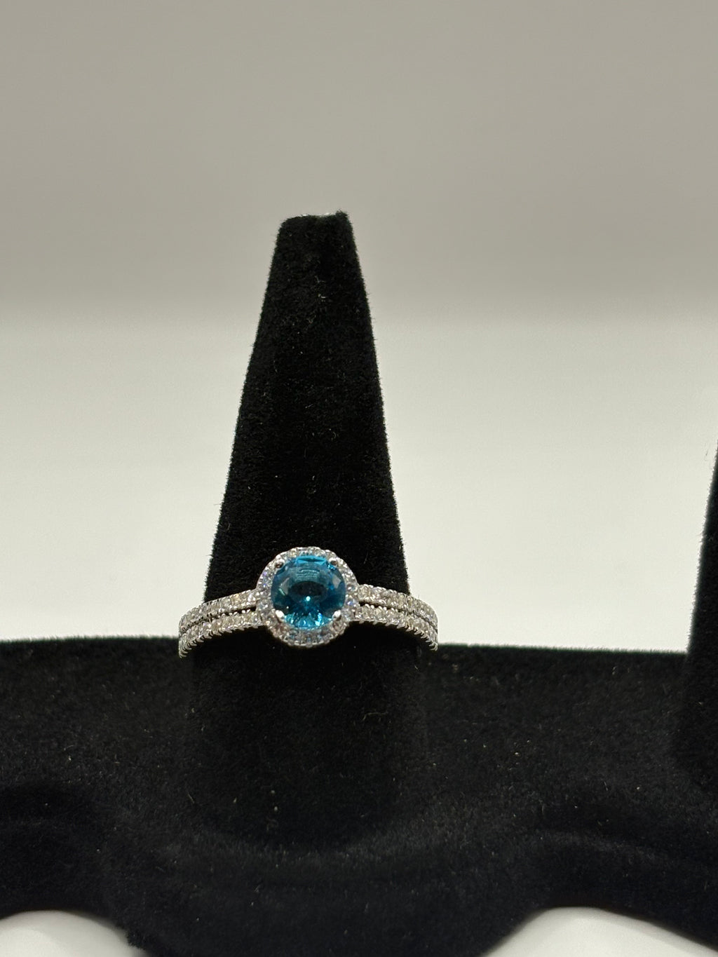 Ocean Blue Round Cut Halo Ring with Double Pavé Band, Size 7