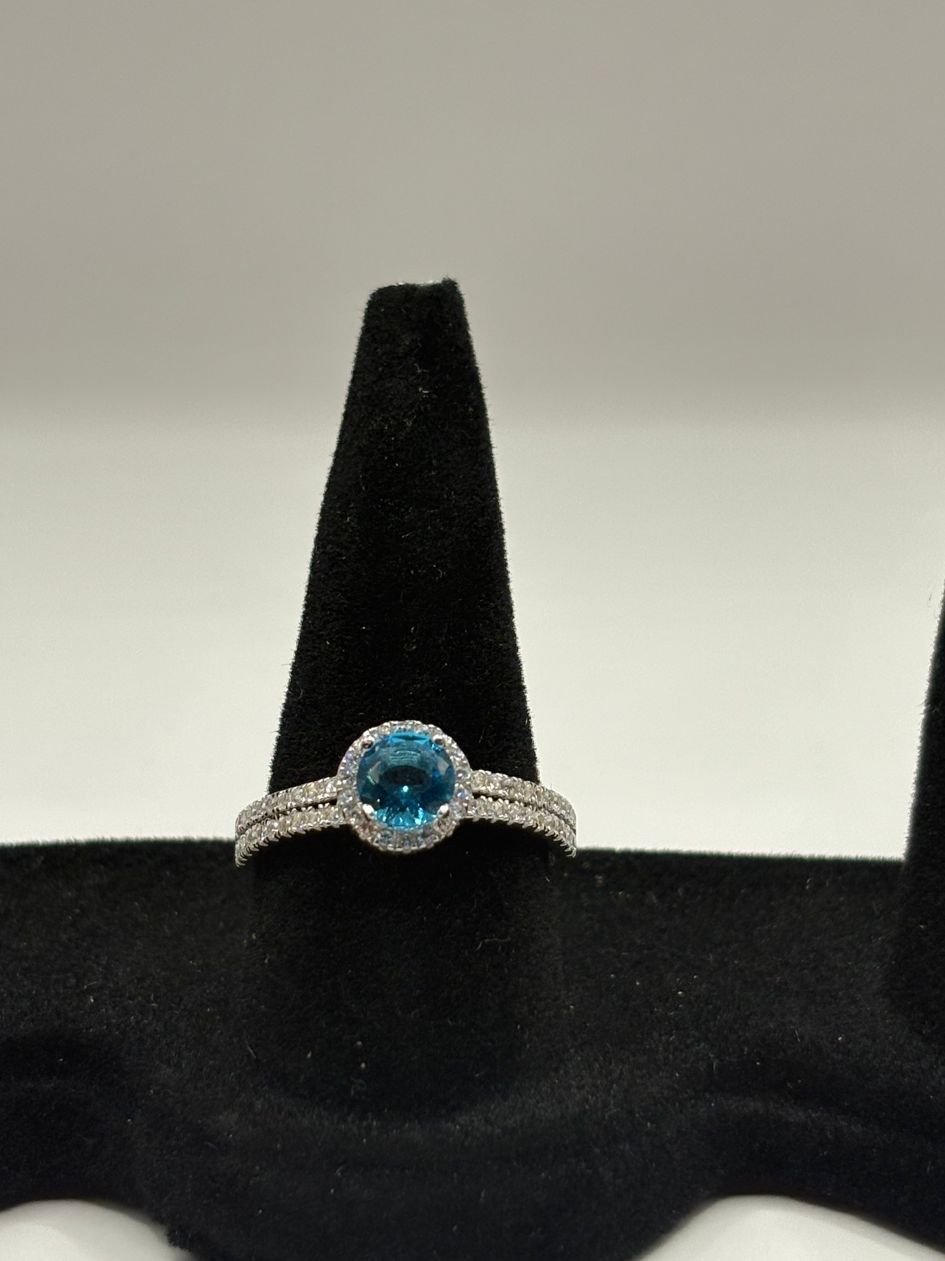 Ocean Blue Round Cut Halo Ring with Double Pavé Band, Size 7
