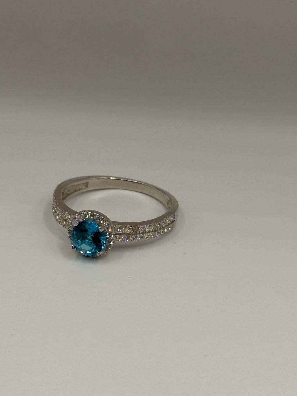 Ocean Blue Round Cut Halo Ring with Double Pavé Band, Size 7