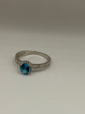 Ocean Blue Round Cut Halo Ring with Double Pavé Band, Size 7