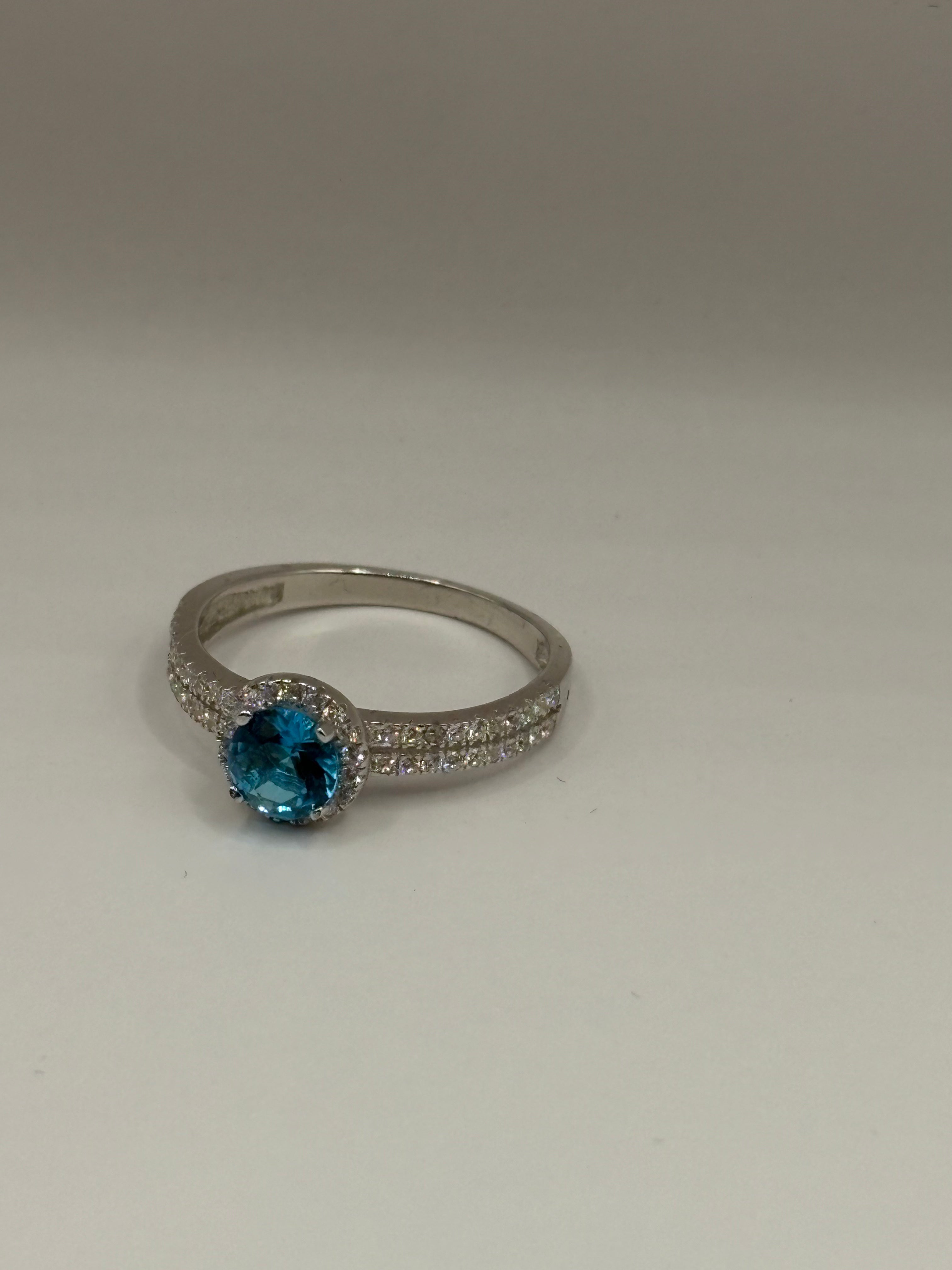 Ocean Blue Round Cut Halo Ring with Double Pavé Band, Size 7