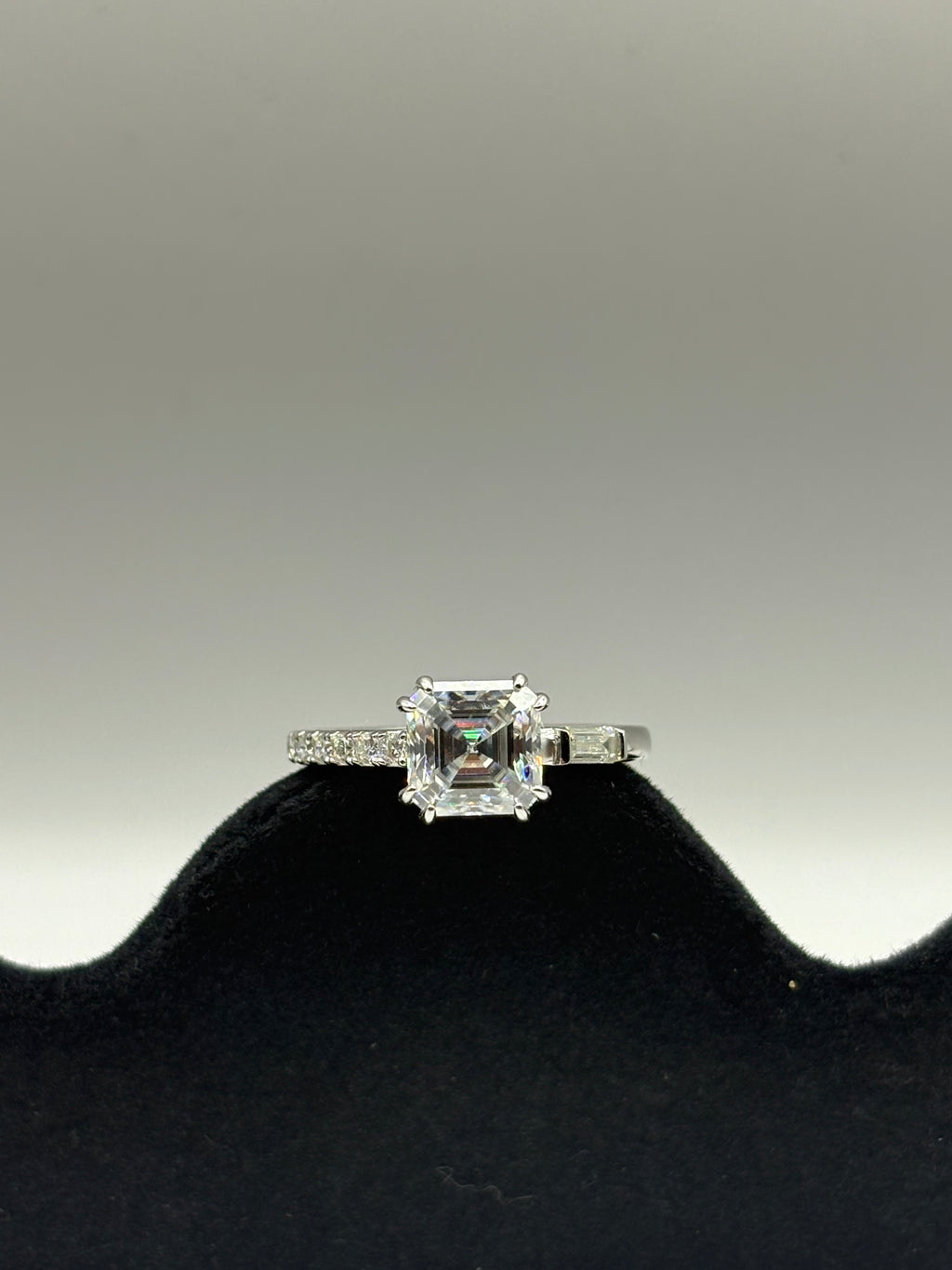 Asscher Cut Moissanite Three-Stone Engagement Ring with Pavé Band