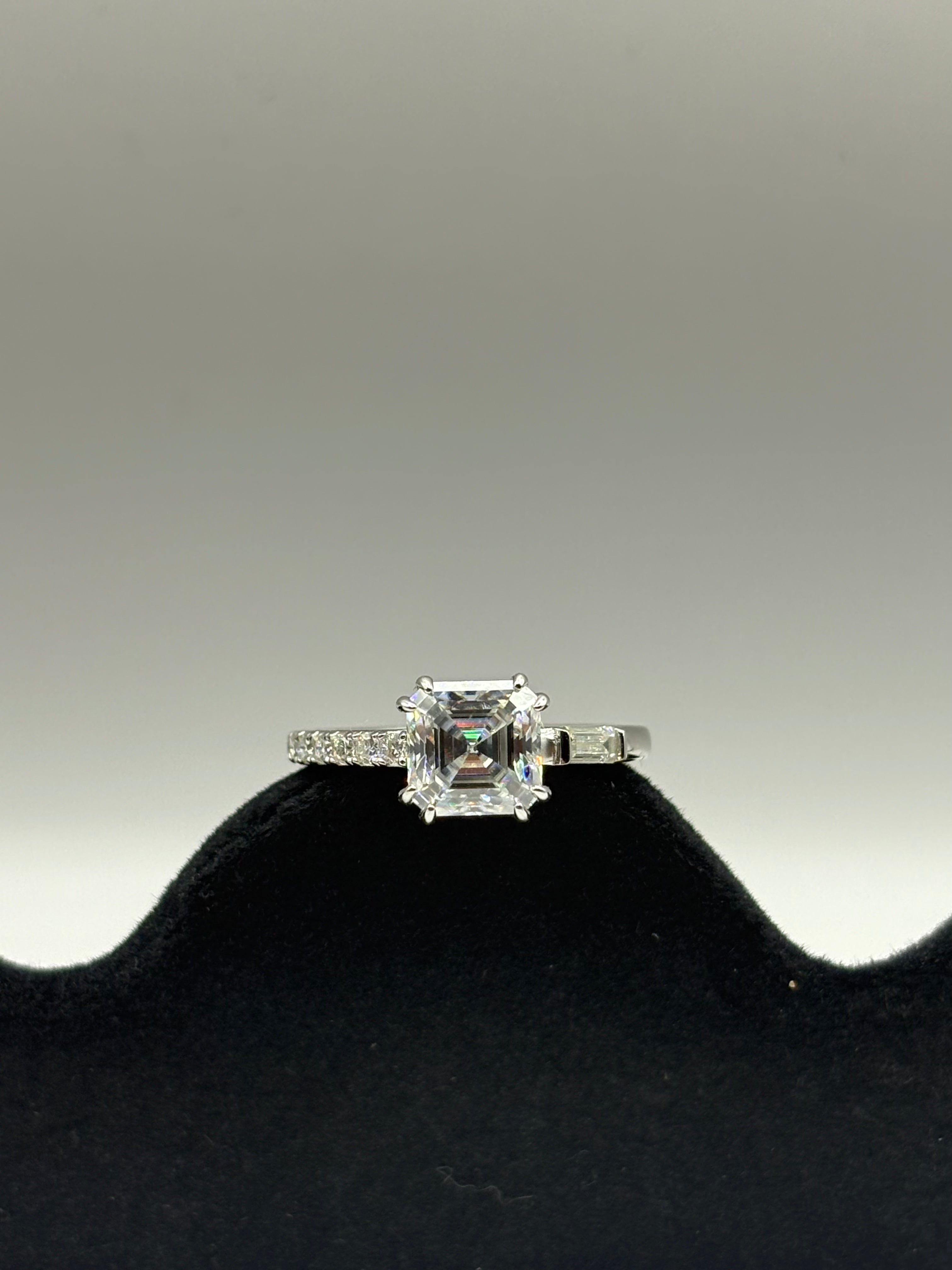 Asscher Cut Moissanite Three-Stone Engagement Ring with Pavé Band