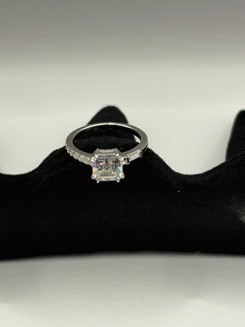 Asscher Cut Moissanite Three-Stone Engagement Ring with Pavé Band
