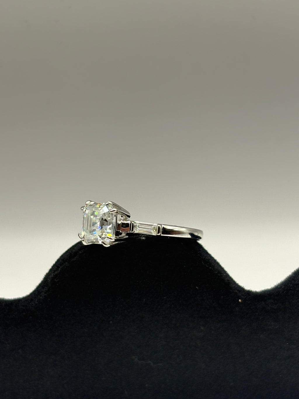 Asscher Cut Moissanite Three-Stone Engagement Ring with Pavé Band