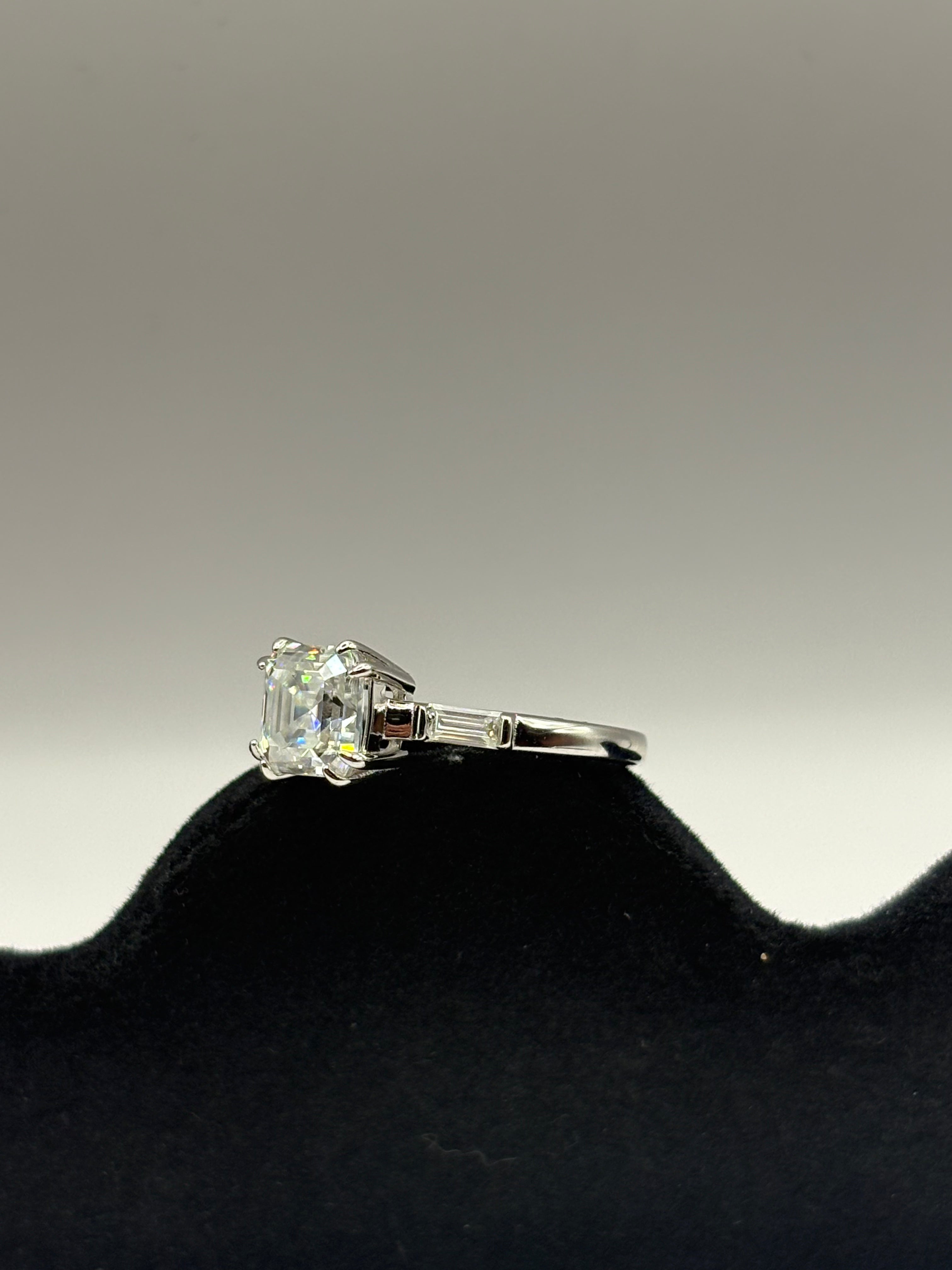 Asscher Cut Moissanite Three-Stone Engagement Ring with Pavé Band