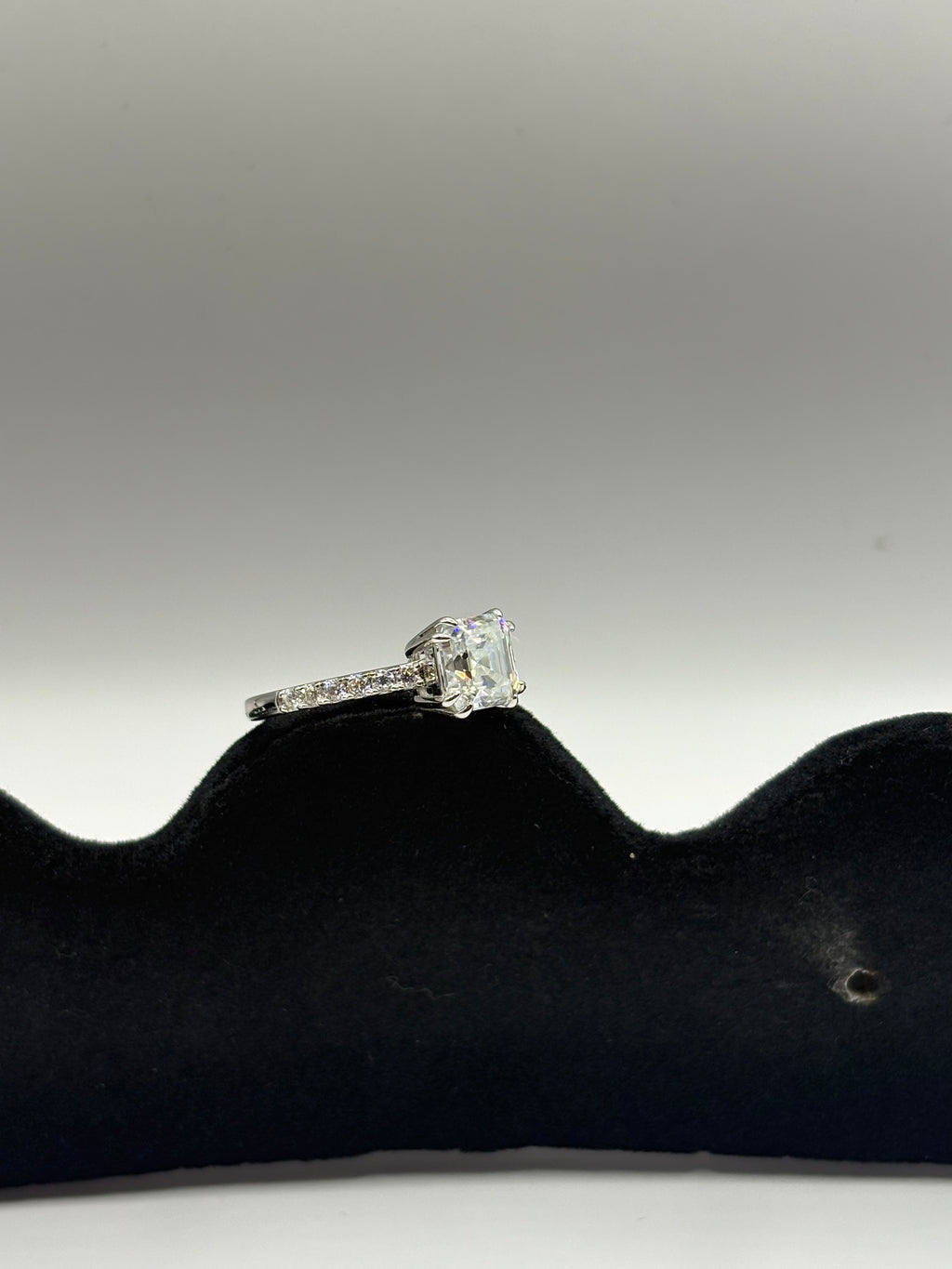 Asscher Cut Moissanite Three-Stone Engagement Ring with Pavé Band