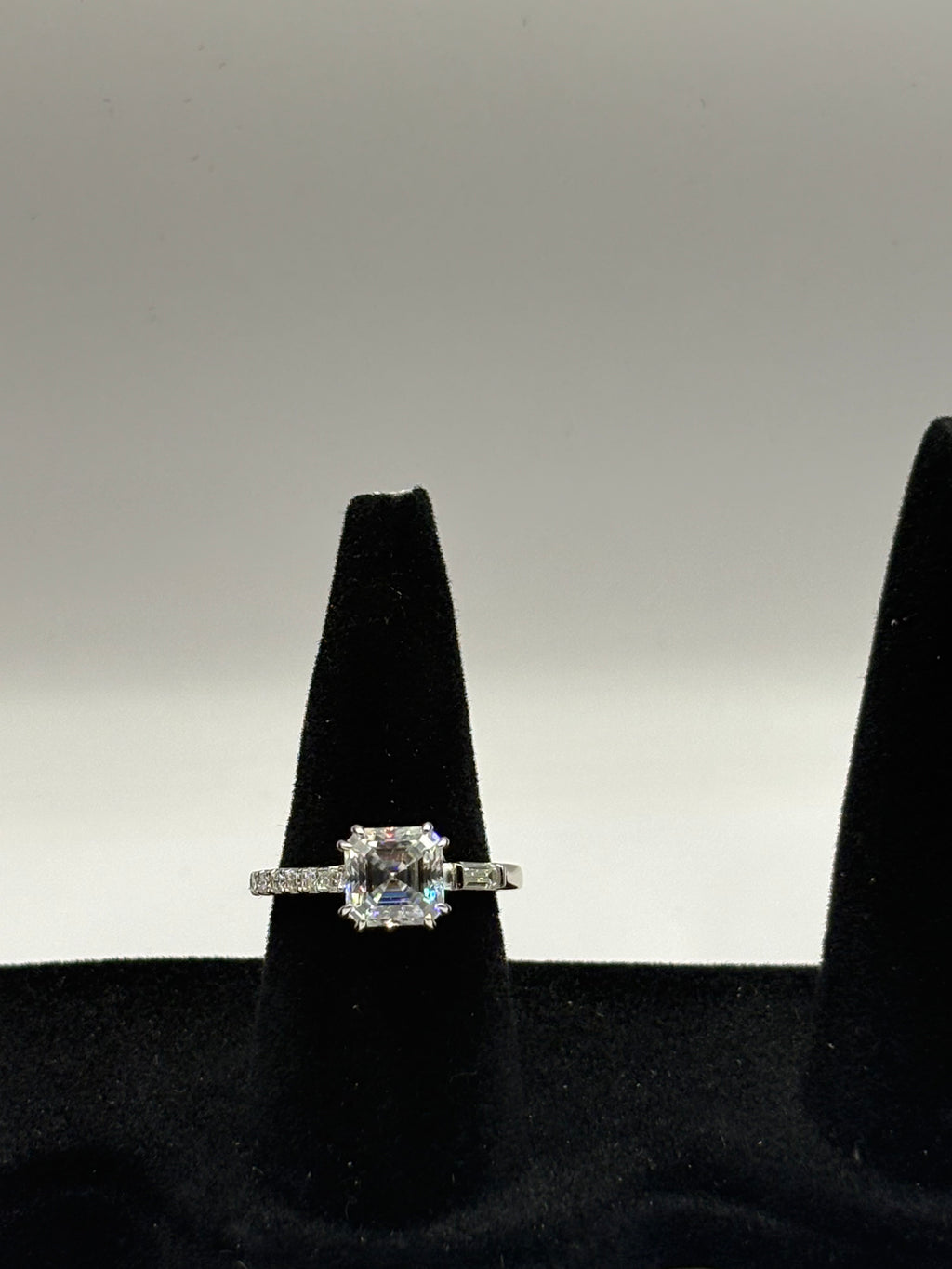 Asscher Cut Moissanite Three-Stone Engagement Ring with Pavé Band