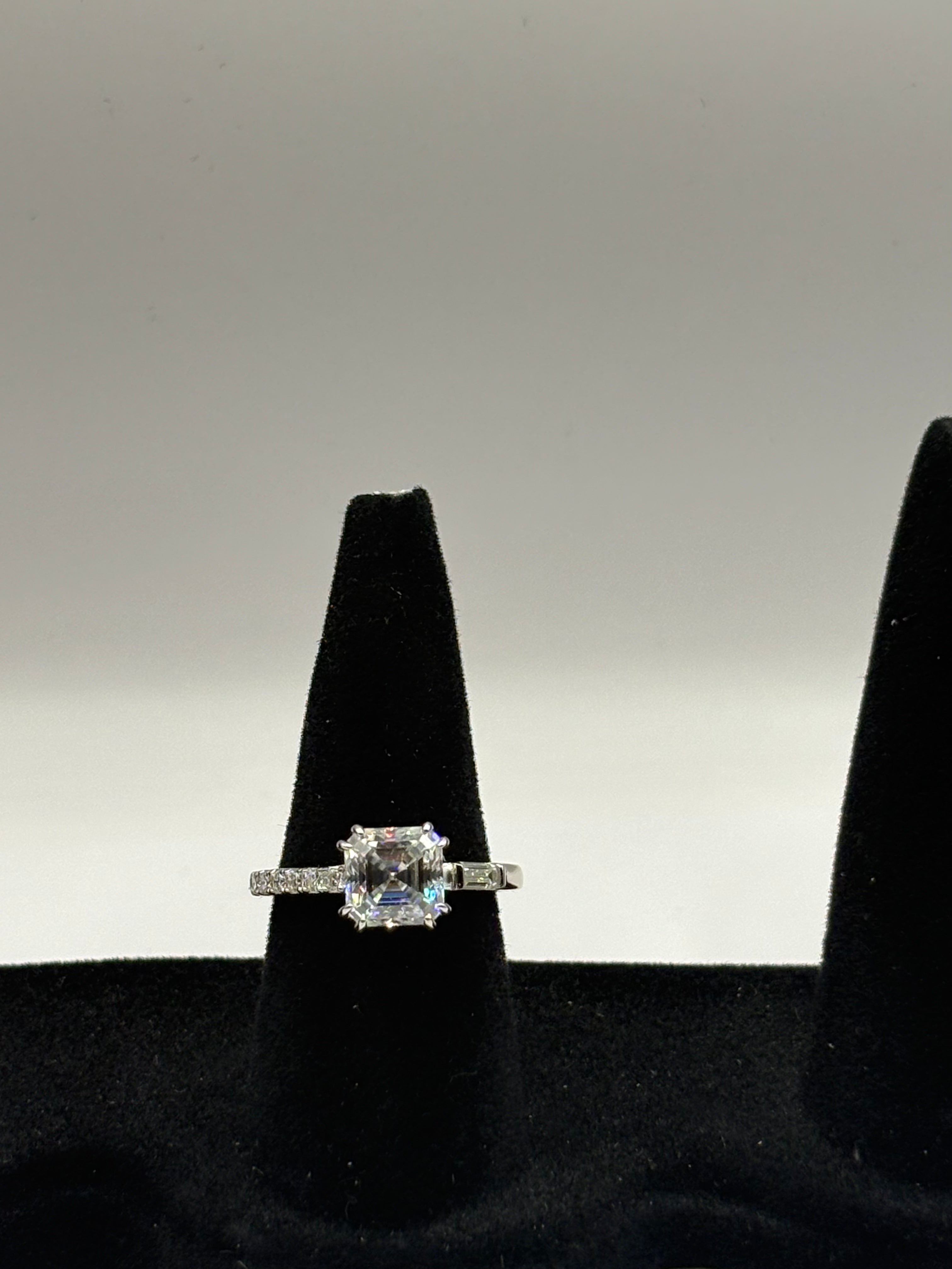 Asscher Cut Moissanite Three-Stone Engagement Ring with Pavé Band