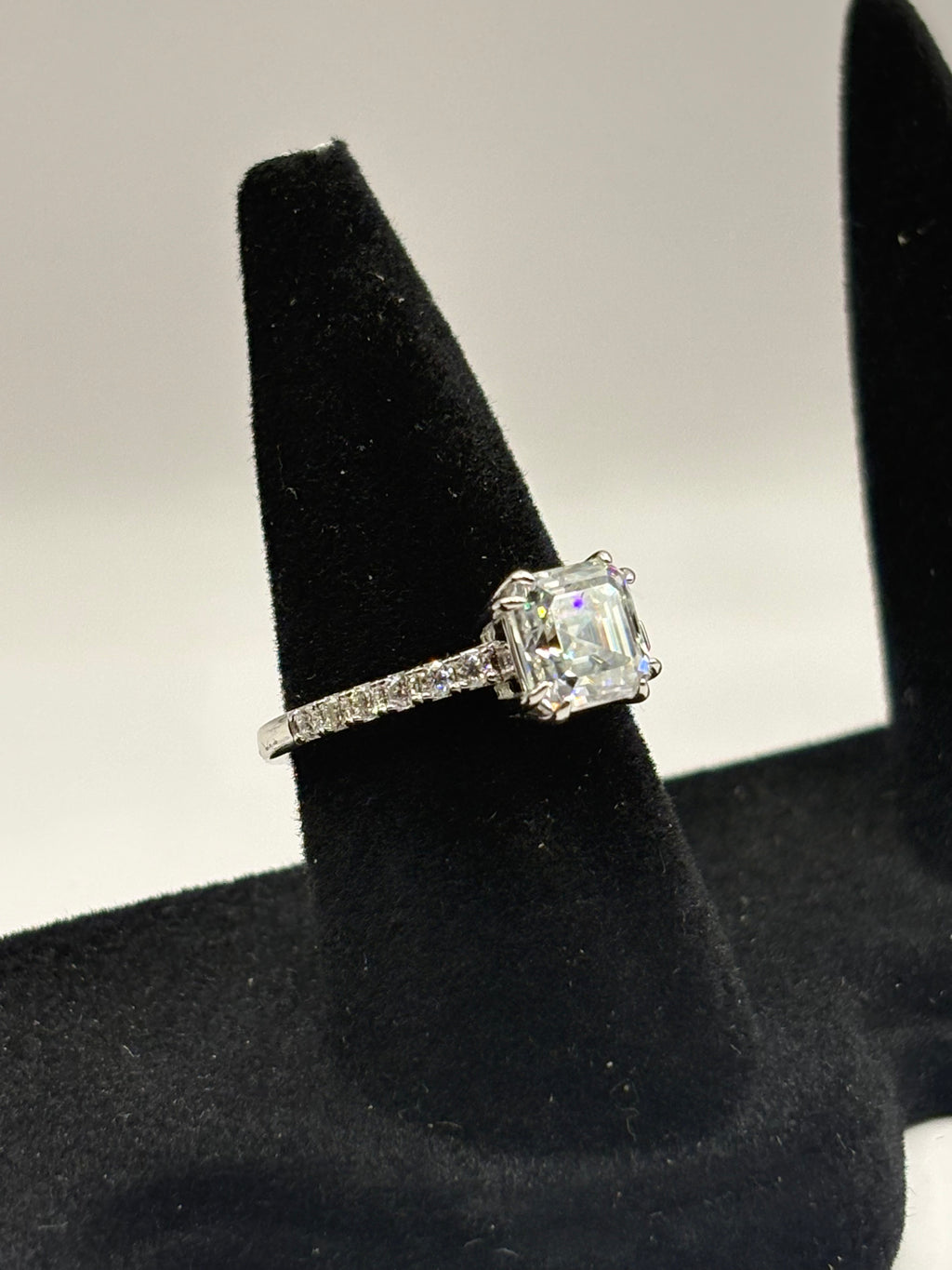Asscher Cut Moissanite Three-Stone Engagement Ring with Pavé Band