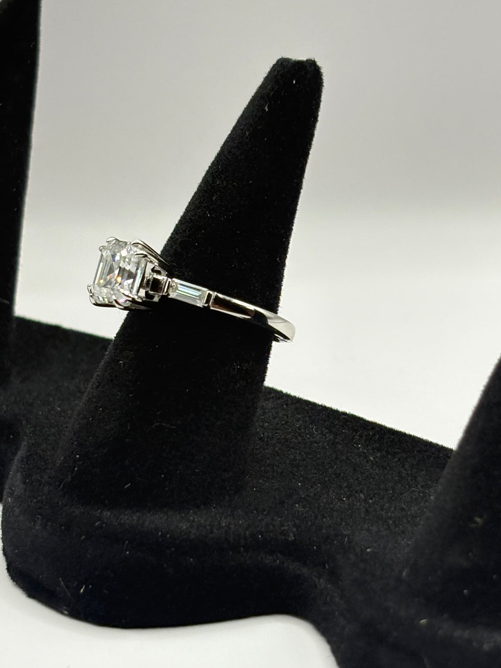 Asscher Cut Moissanite Three-Stone Engagement Ring with Pavé Band