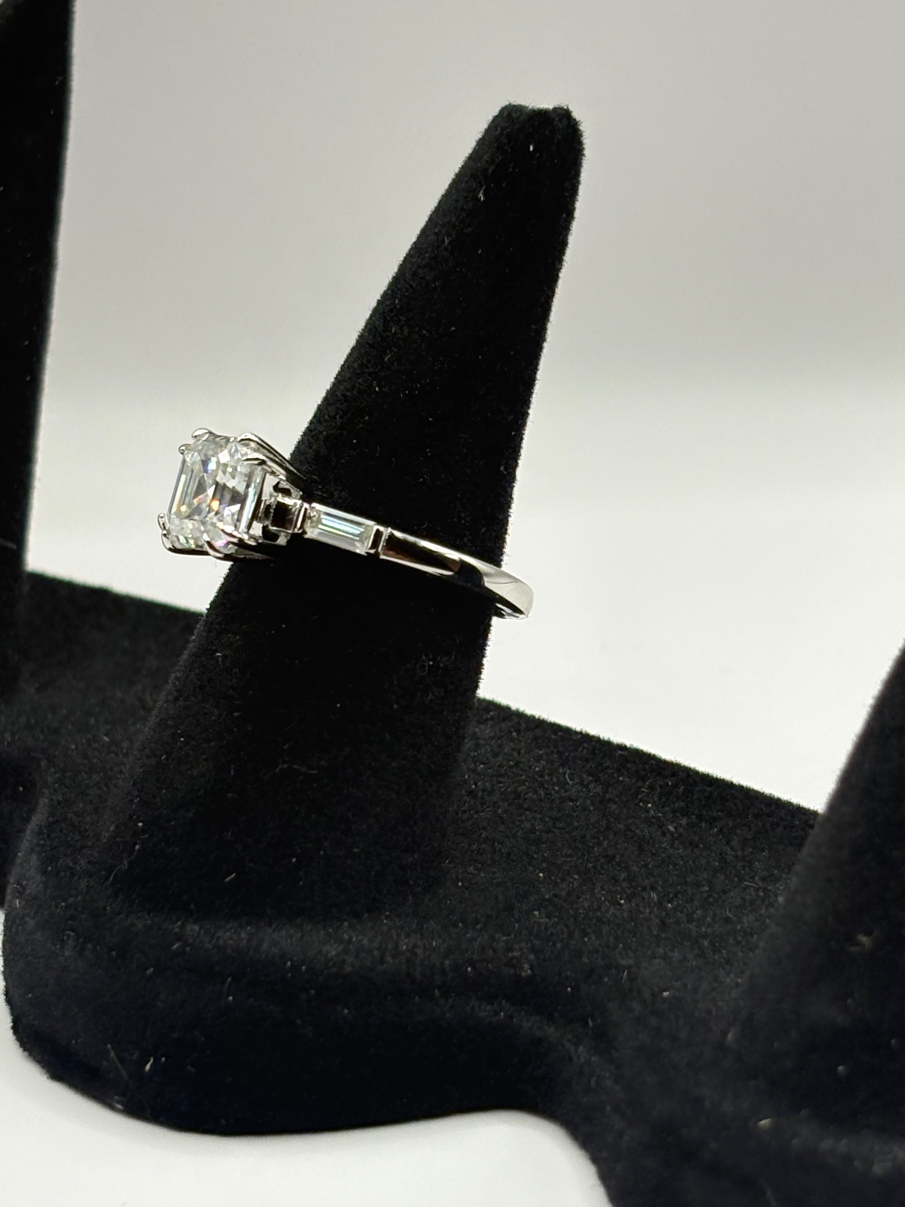 Asscher Cut Moissanite Three-Stone Engagement Ring with Pavé Band