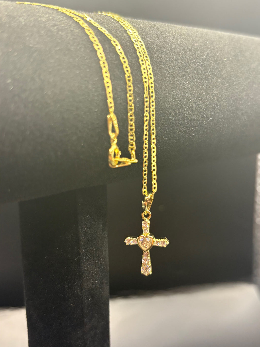 Gold Plated Sterling Silver Necklace - Heart Cross Pendant & Mariner Chain