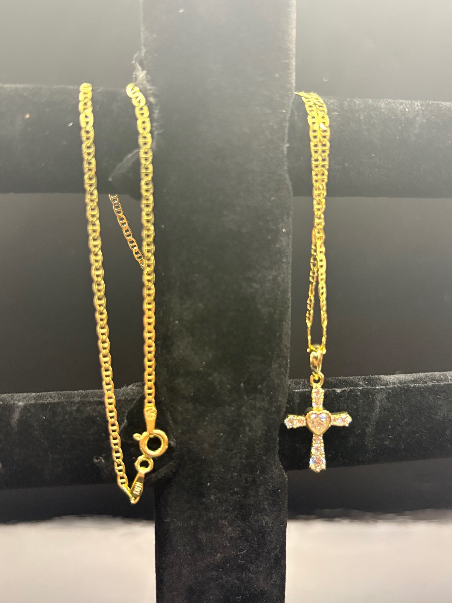 Gold Plated Sterling Silver Necklace - Heart Cross Pendant & Mariner Chain