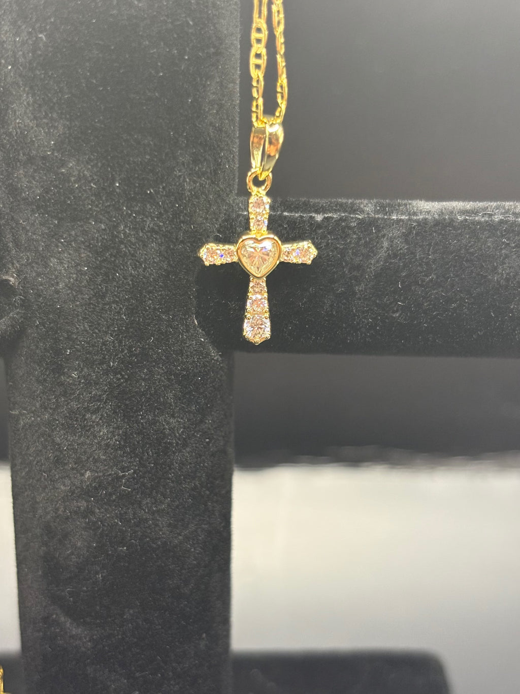 Gold Plated Sterling Silver Necklace - Heart Cross Pendant & Mariner Chain