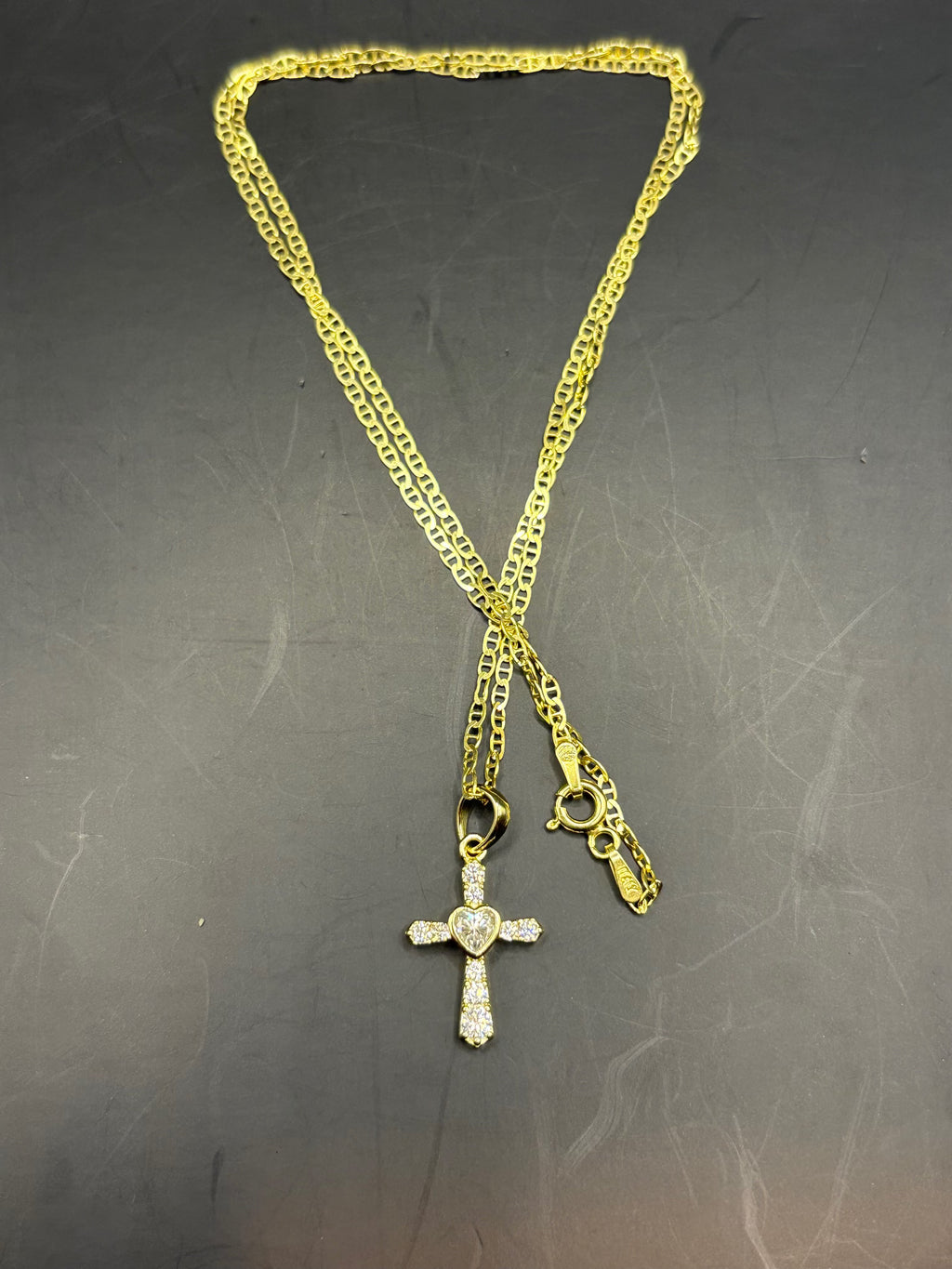 Gold Plated Sterling Silver Necklace - Heart Cross Pendant & Mariner Chain