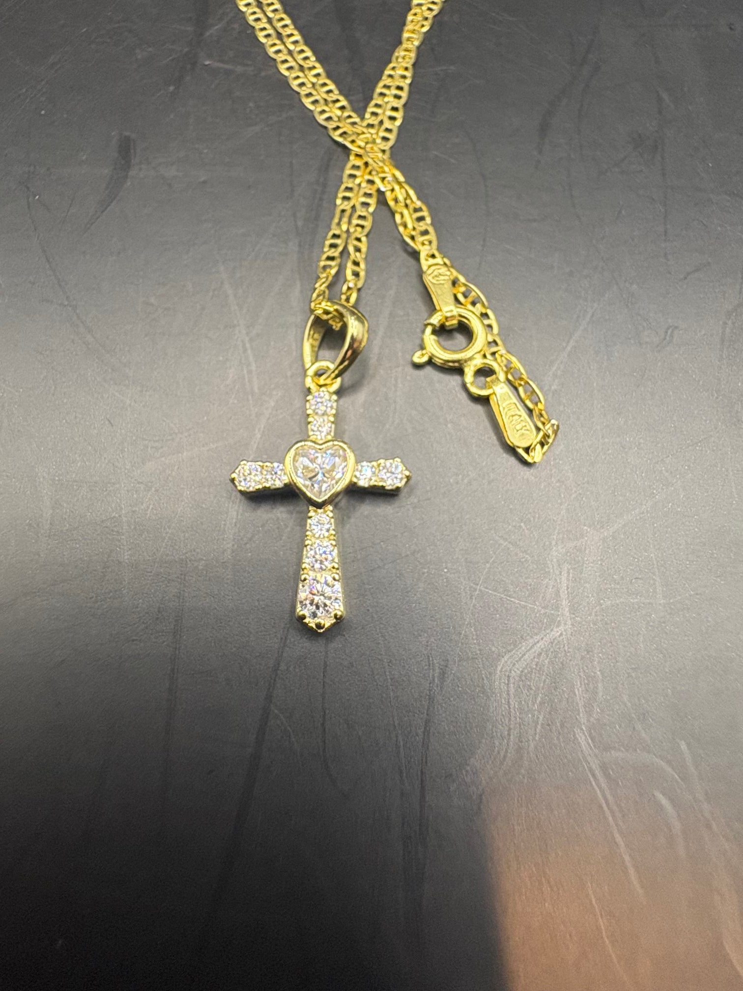 Gold Plated Sterling Silver Necklace - Heart Cross Pendant & Mariner Chain