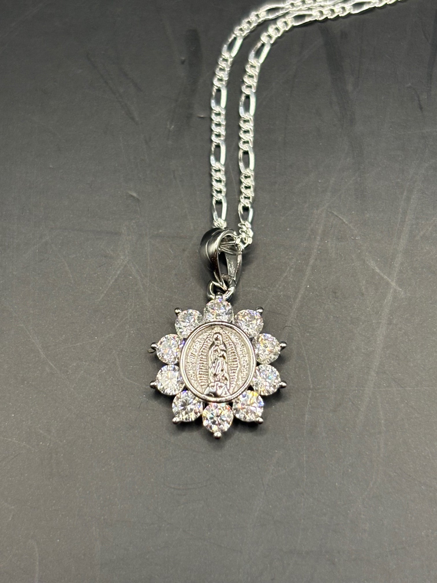 Virgin Mary Pendant Necklace in Sterling Silver – Sacred Halo Medal & Figaro Chain