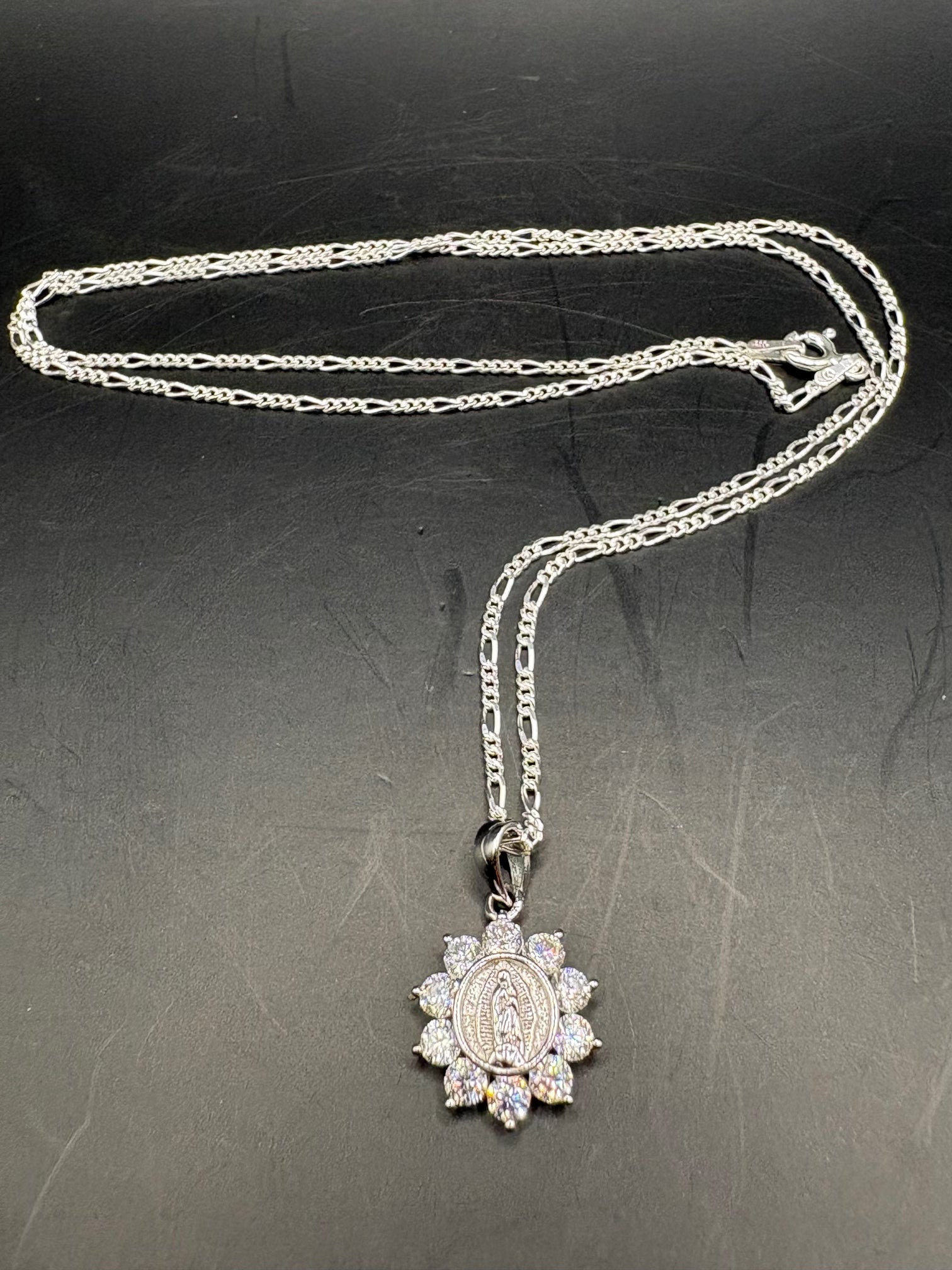 Virgin Mary Pendant Necklace in Sterling Silver – Sacred Halo Medal & Figaro Chain